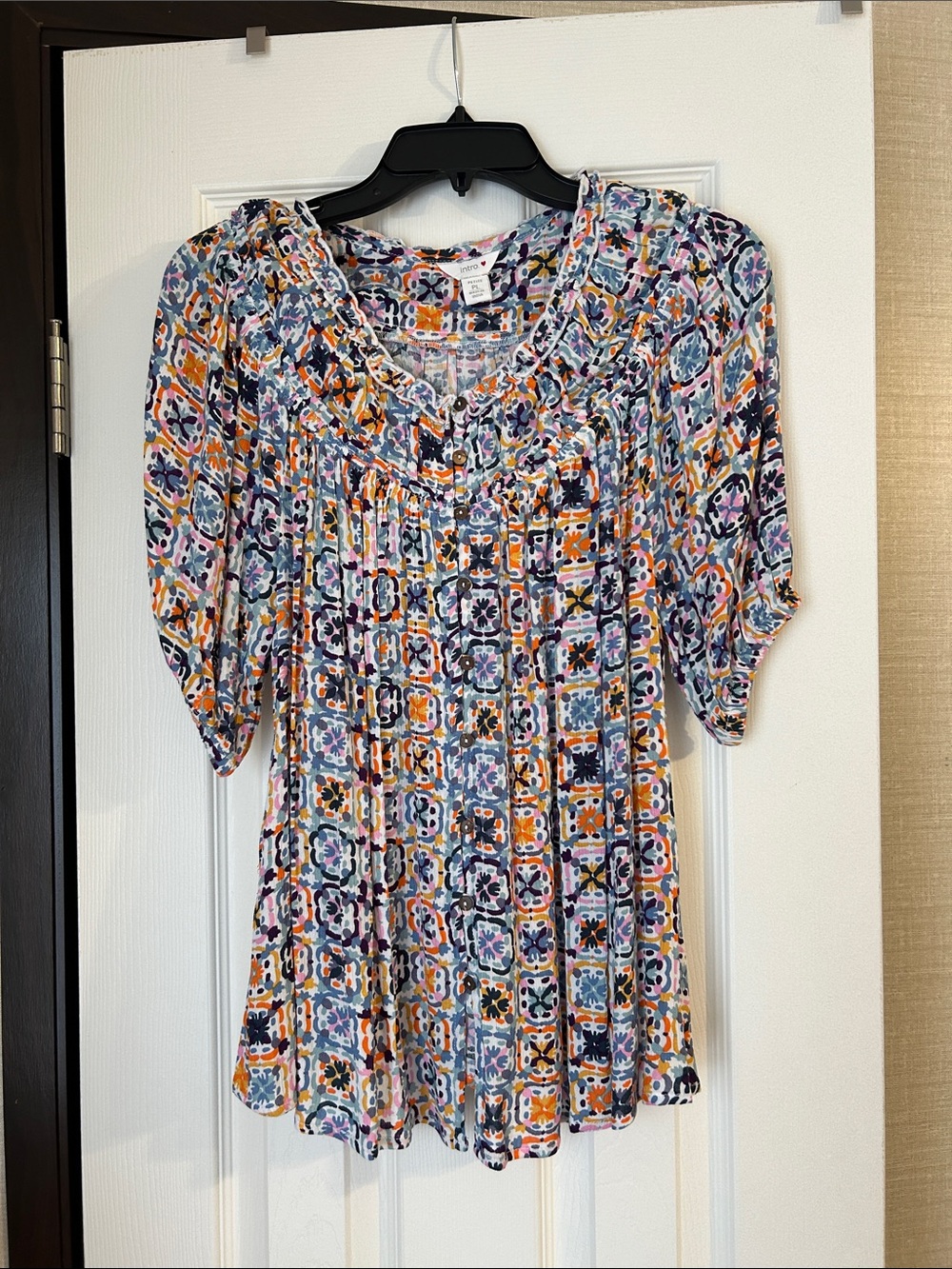 intro. Floral Mosaic Peasant Tunic in Blue, Orange & White